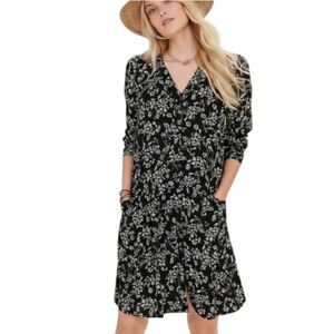 Garnet Hill Floral Prairie Shirt Dress Size 8 Black White Cottagecore Boho NWOT